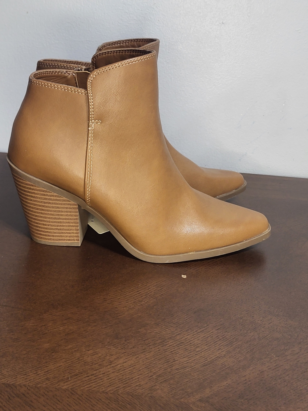 ana  Tan Pointed Ankle Booties with Stacked Heel